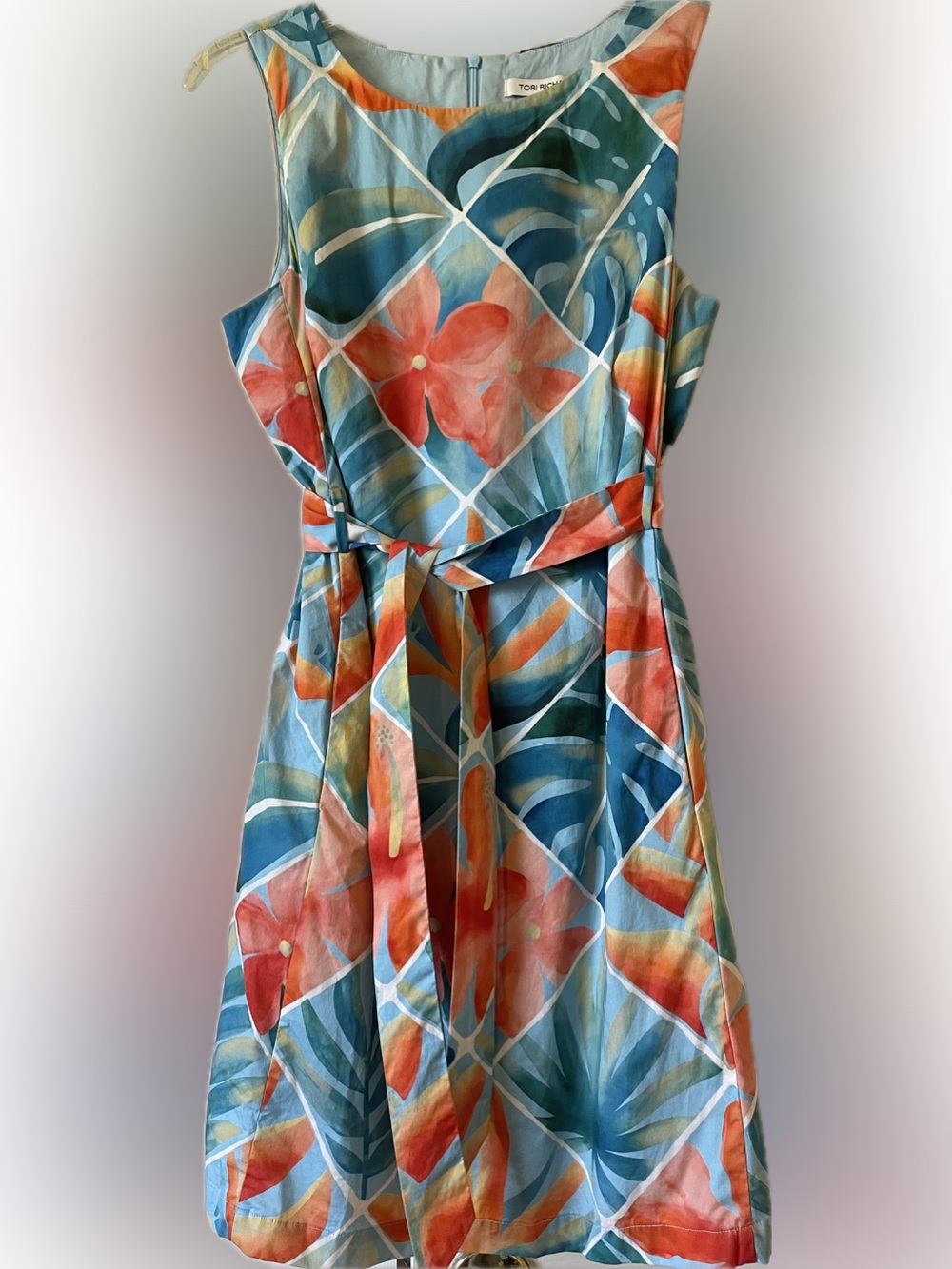 Tori Richard Sleeveless Midi Dress in Teal, Coral and Blue